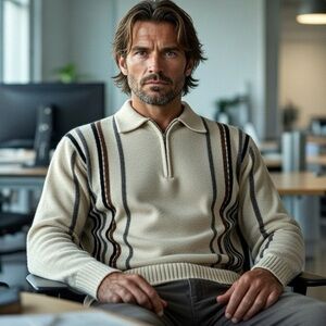 Italian Men's Beige Striped Zip-Up Sweater, Size L